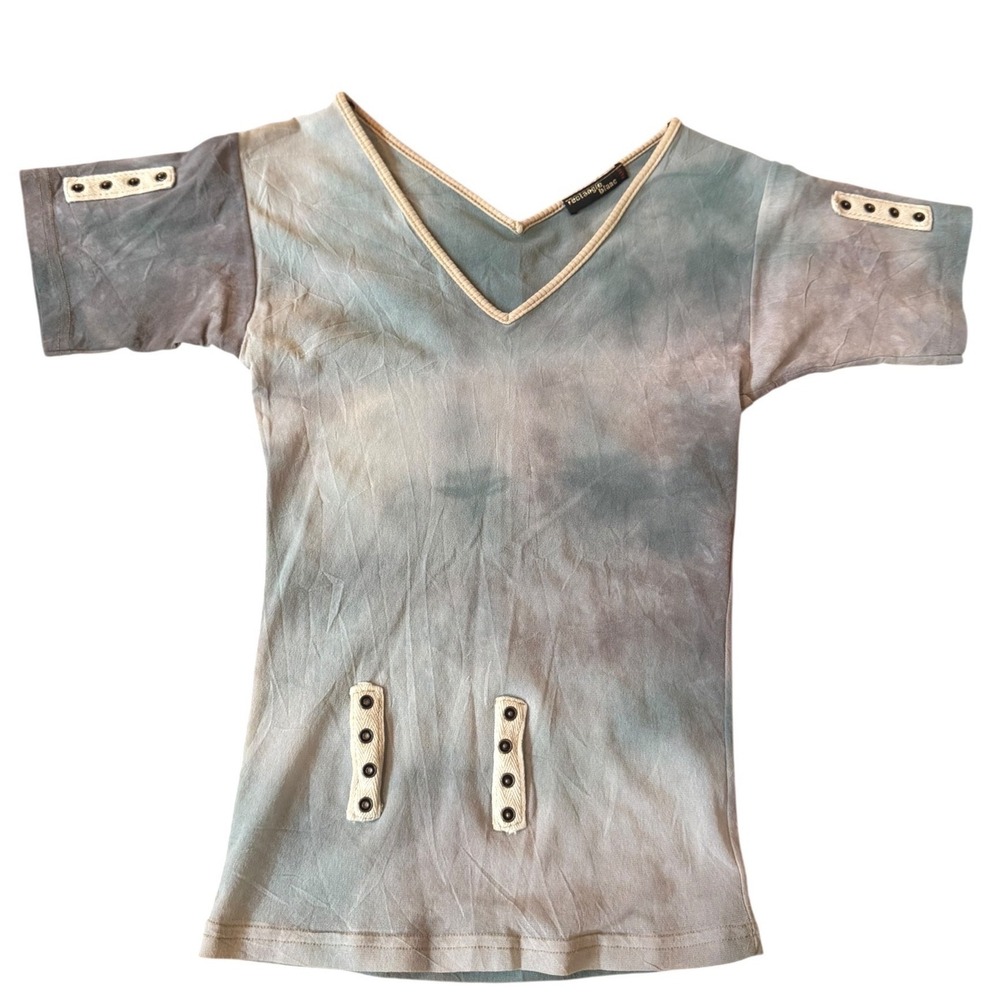 Rectangle Blanc Y2K Tie Dye V-Neck Top with Studded Accents Blue Grey‎ Small